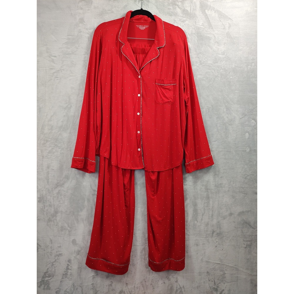 Victoria's Secret Red Polka Dot Modal Pajama Set XL Long Button Front Pockets